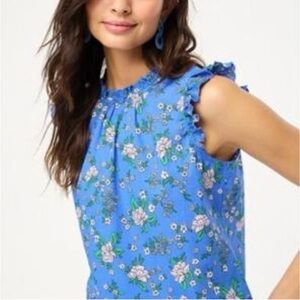 J. Crew Blue Floral Ruffle Sleeve Blouse
